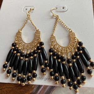 Black And Gold Tone Beaded Chandelier Pierced Earrings